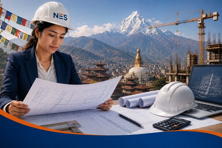 NES engineer reviewing blueprints on site